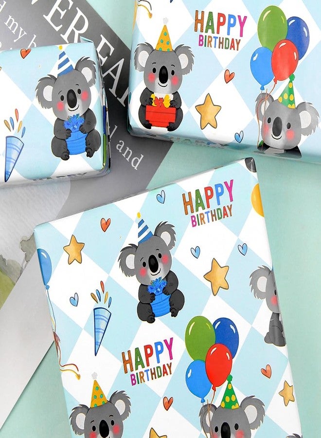 Boerni Koala Wrapping Paper Happy Birthday Wrapping Papers, Cute Koala Balloons and Gifts Printed on Blue White Checkered Background Gift Wrap Paper - 4 Sheets Folded Flat - for Birthday, Holiday, Wedding, Baby Shower Wrap - Image 4